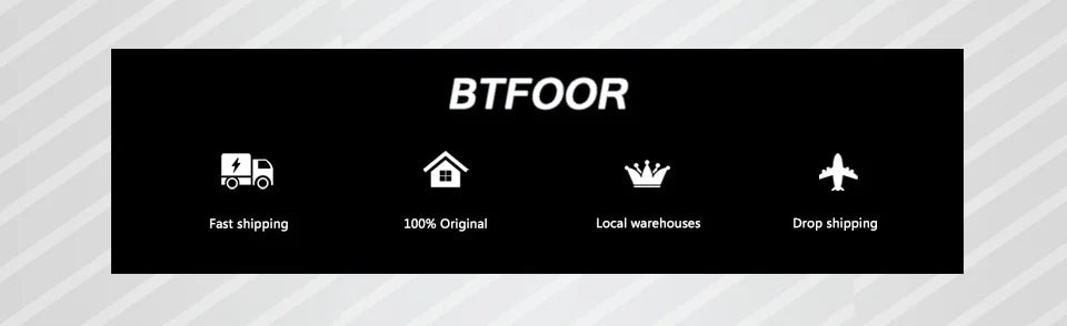 BTFOOR black banner displaying white service icons for fast shipping, original products, local warehouses, and