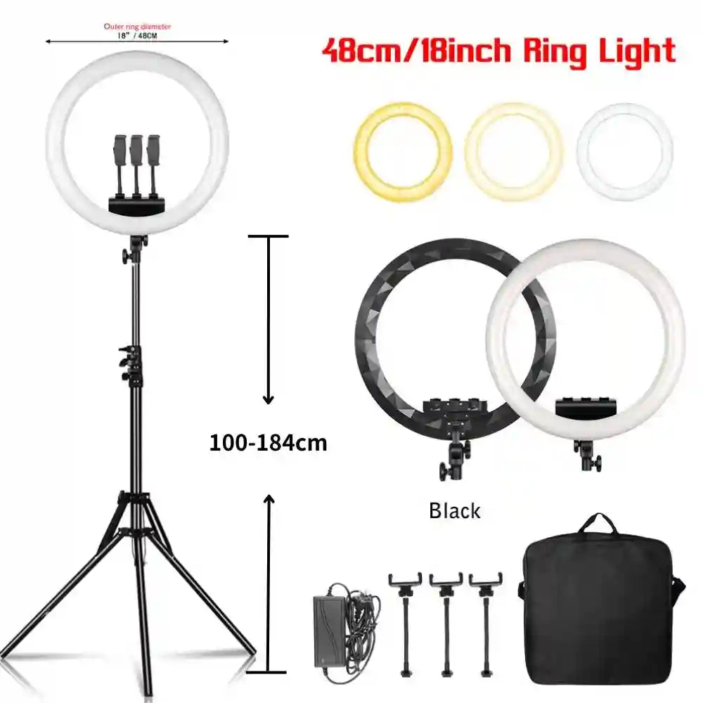 18-inch LED ring light with adjustable tripod stand, three phone mounts, power adapter, and carrying bag.