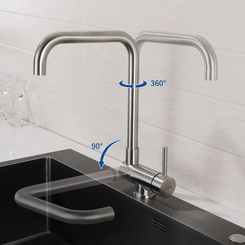 Chrome kitchen sink mixer faucet with 360° swivel and folding handle