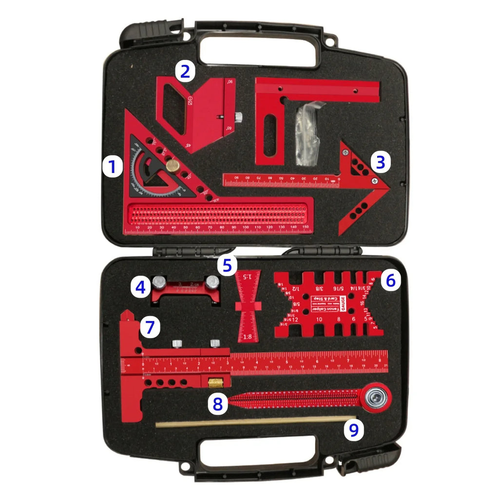 9Pcs Woodworking Square Kit with Box, Aluminum Scribeing Ruler,Center Finder,Circular Drawing Compass,Honing Guide,Height Gauge