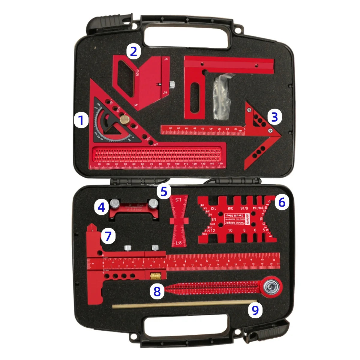 9Pcs Woodworking Square Kit with Box, Aluminum Scribeing Ruler,Center Finder,Circular Drawing Compass,Honing Guide,Height Gauge