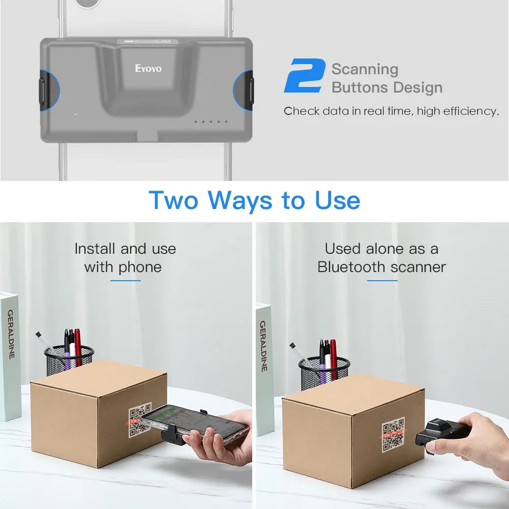 Eyoyo adjustable clip-on 2D barcode scanner with buttons design and scan area on top