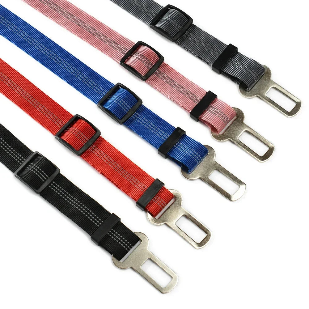 Adjustable reflective dog car seat belt straps in multi-colors for safe, secure pet travel for all dog sizes.