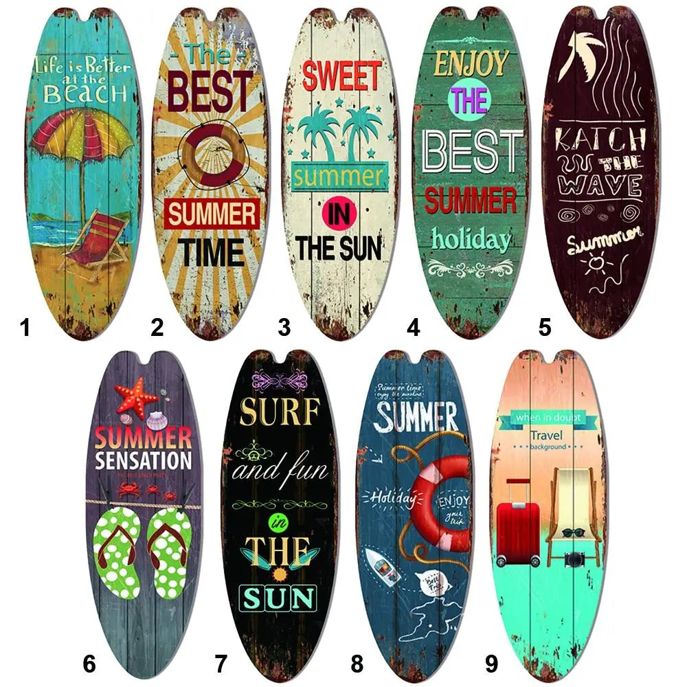 Assorted beach surfboard hanging signs, multiple designs with summer-themed text