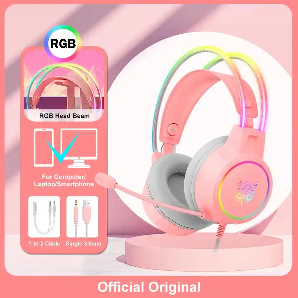 Gaming Headset with Mic - Wired Over-Ear Headphones for PC & Console Pink without Ear Tidesmit