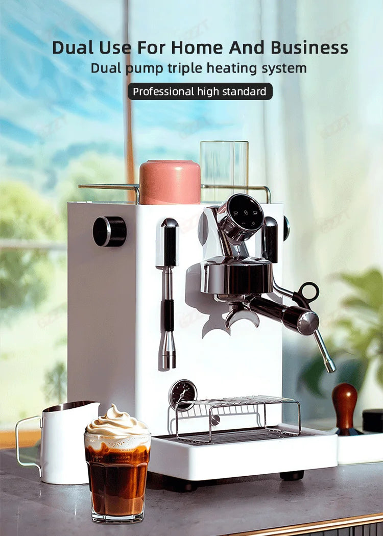White professional espresso machine with dual pump, triple heating system, and chrome accents for home or business.