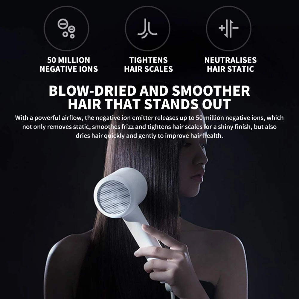 Xiaomi Mijia H300 white ionic hair dryer featuring 50M negative ions for quick, frizz-free professional hair care.