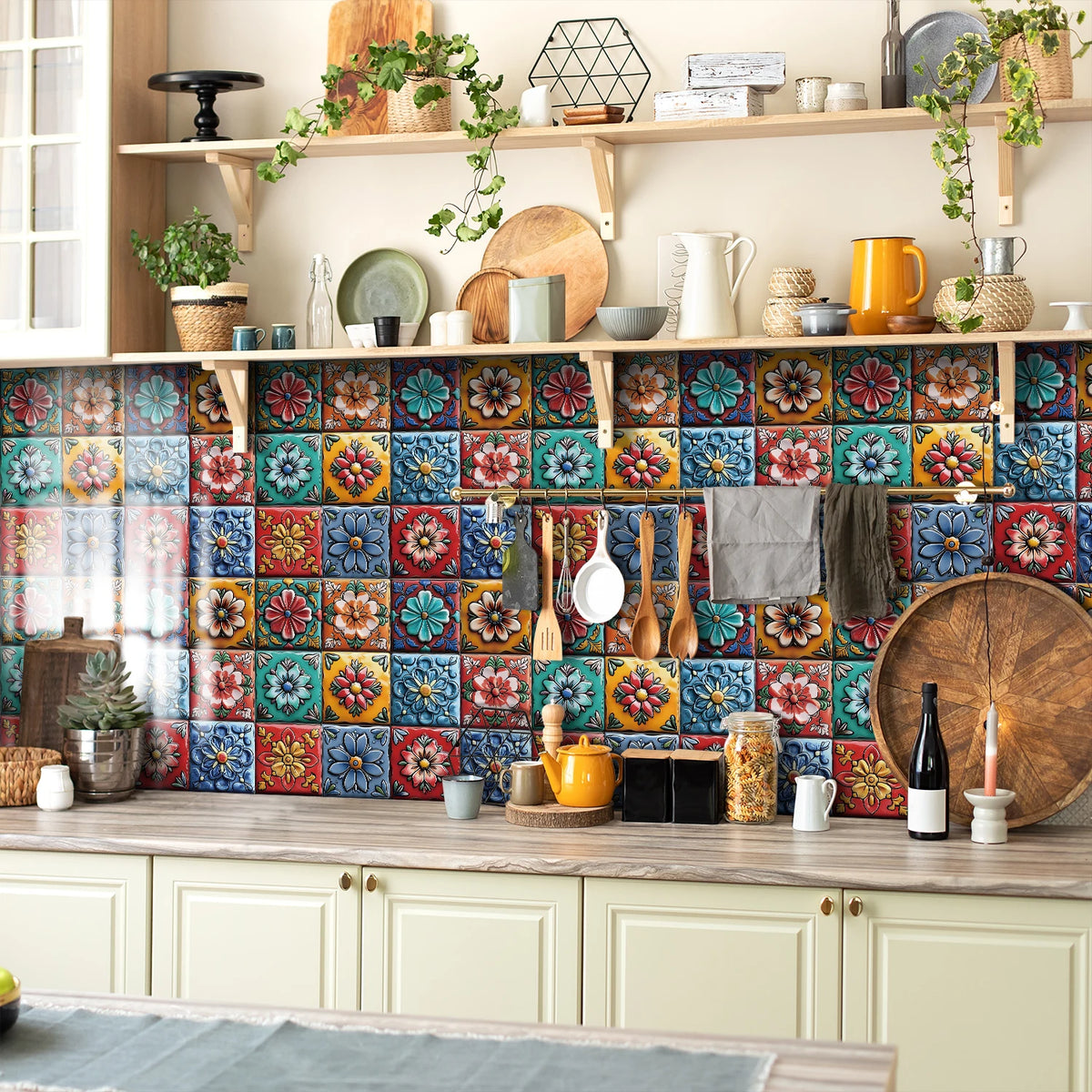 Colorful blue flower tile self-adhesive wallpaper, repeating square backsplash pattern
