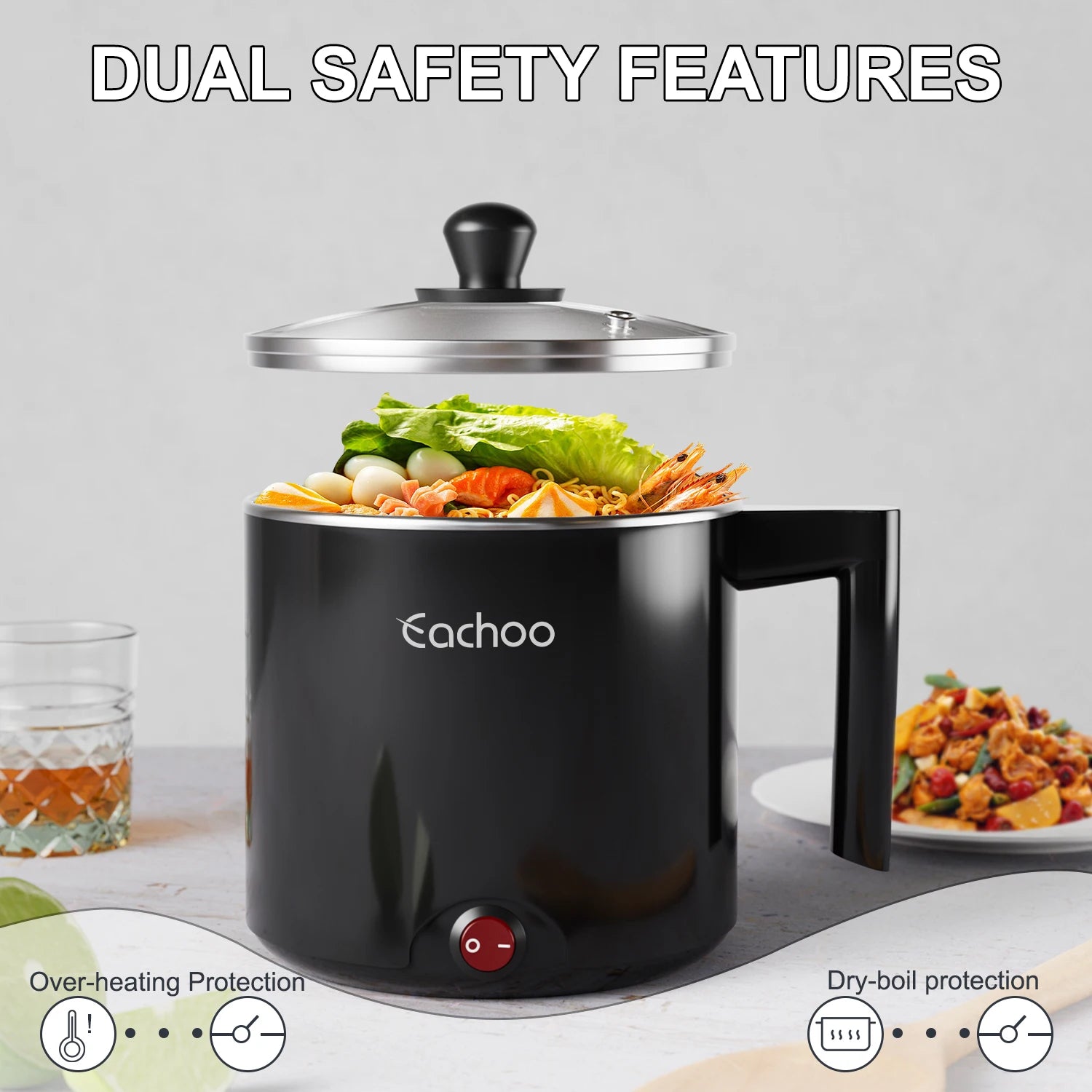Black electric non-stick saucepan with glass lid, side handle, and dual safety design, eachoo