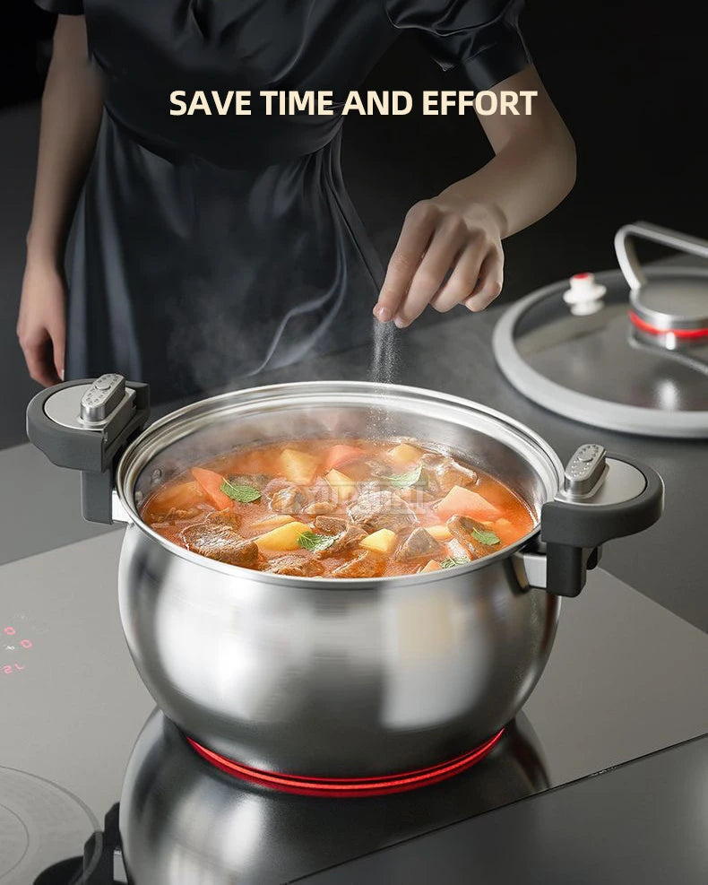 Stainless steel pressure cooker pot with locking handles and domed lid, cooking stew