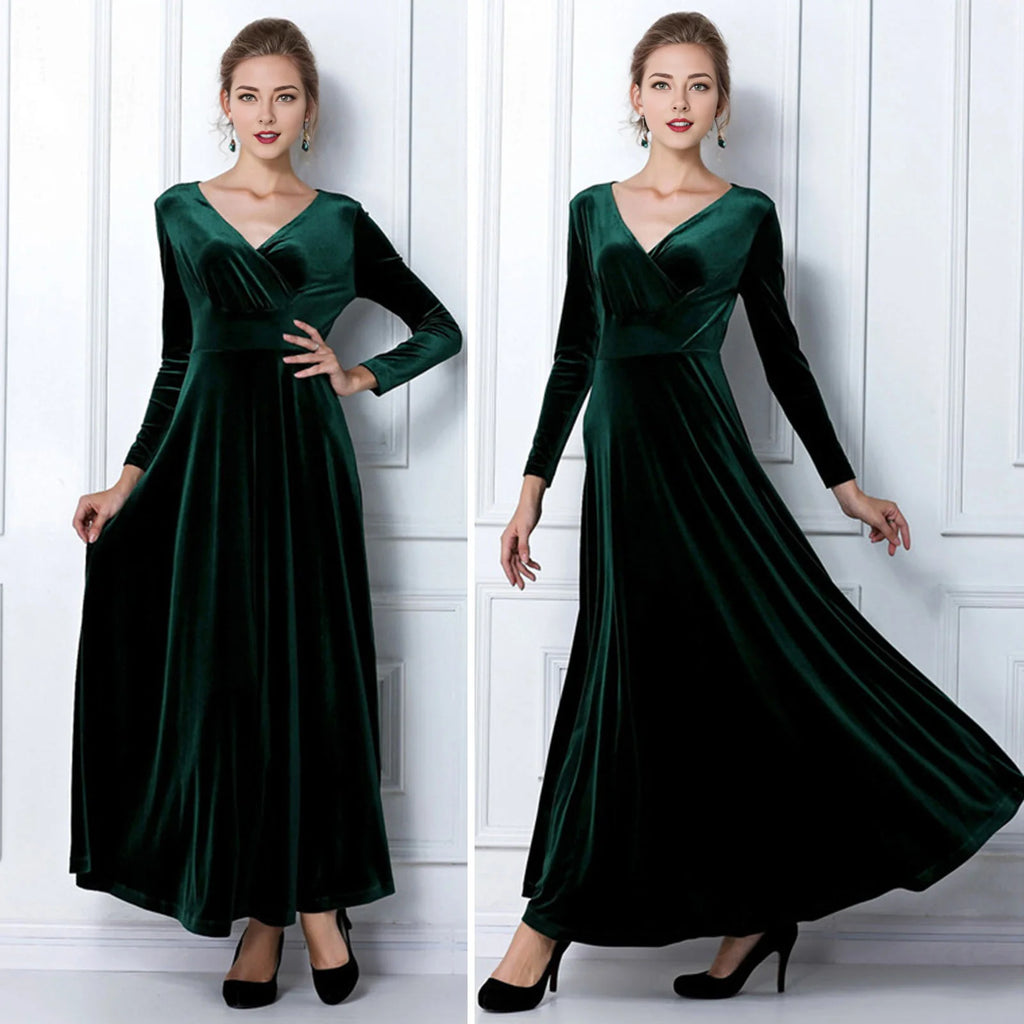 Vintage Women Autumn Long Sleeve V Neck Pleated Velvet Banquet Party Maxi Dress Party Wedding Elegant Evening dress 