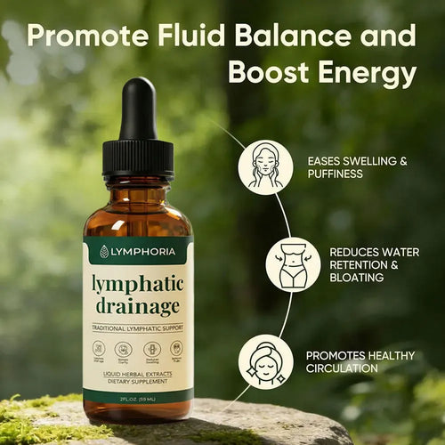 Lymphoria 2oz liquid supplement for immune and lymphatic support in an amber bottle with a green label.