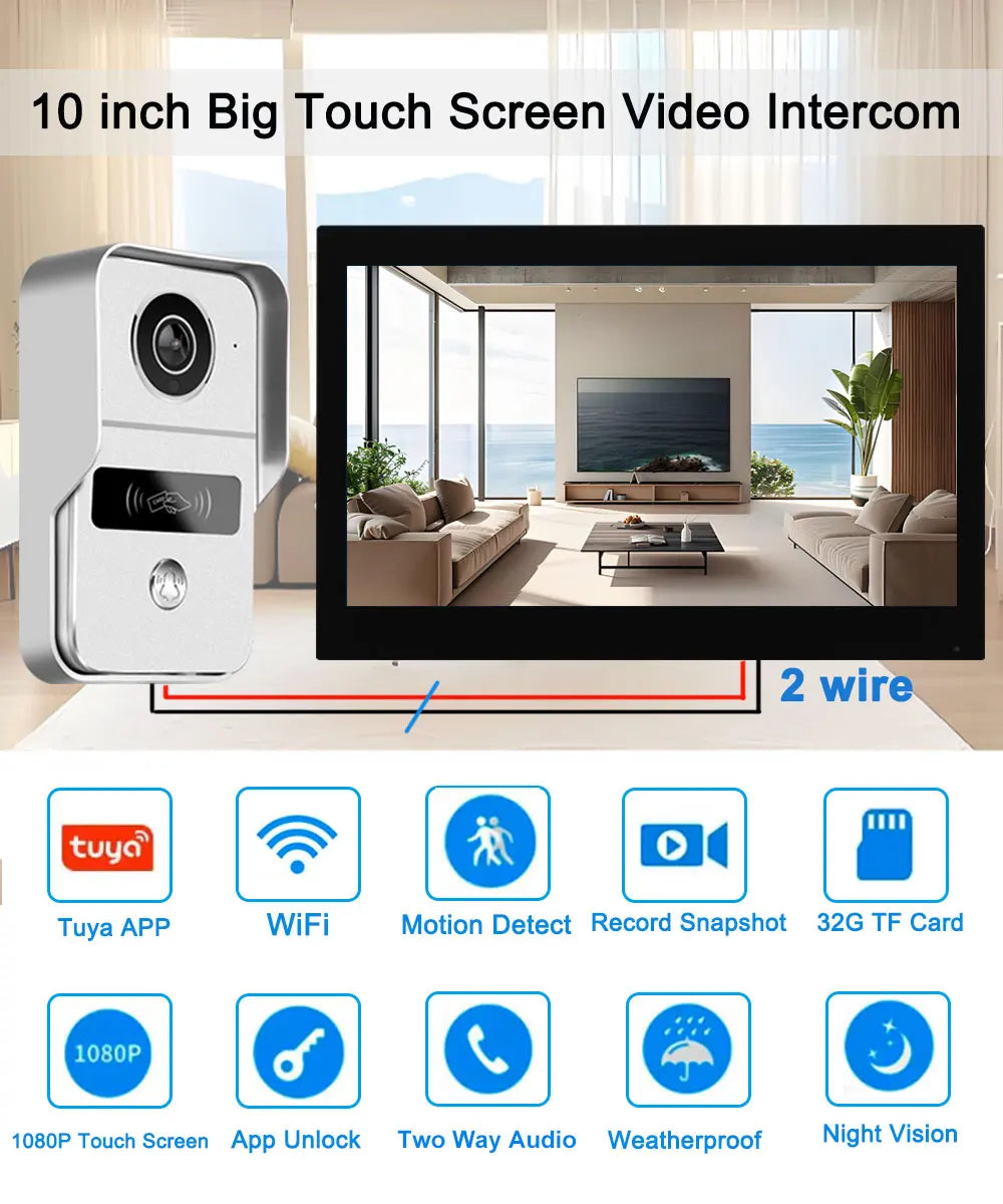 Home Smart Wireless WiFi Video Intercom Doorbell 2 10 inch Screen 1080P 2 Wires Video Doorphone System with Electric Strike Lock
