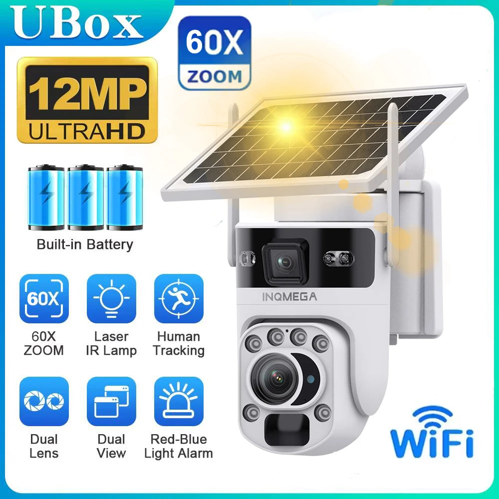 White solar PTZ WiFi security camera with dual lens, 60X zoom, 12MP UltraHD, built-in battery