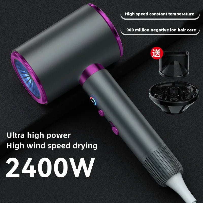 2400W high-speed negative ion hair dryer in grey and purple with nozzle attachments for professional salon hair care.