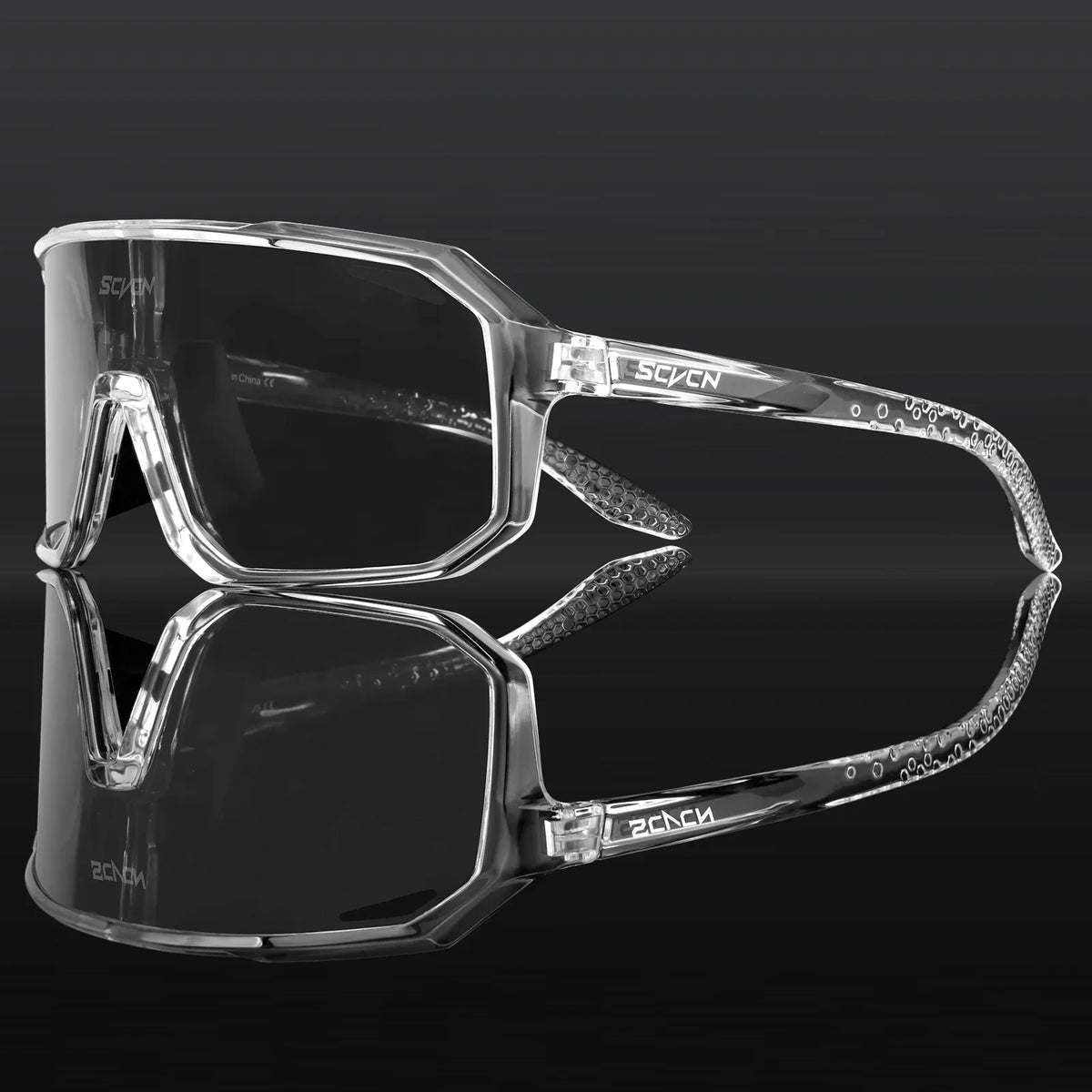 MTB UV400 cycling sunglasses with clear frame and dark smoke lenses