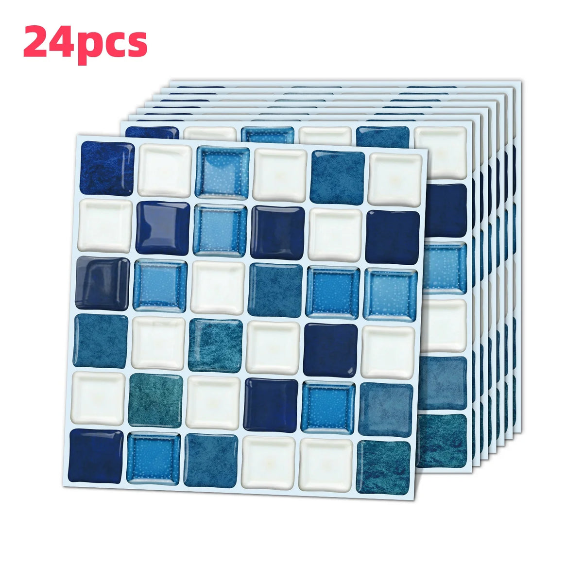 24-piece mosaic tile decal set in white and blue square tiles on stacked backing sheets