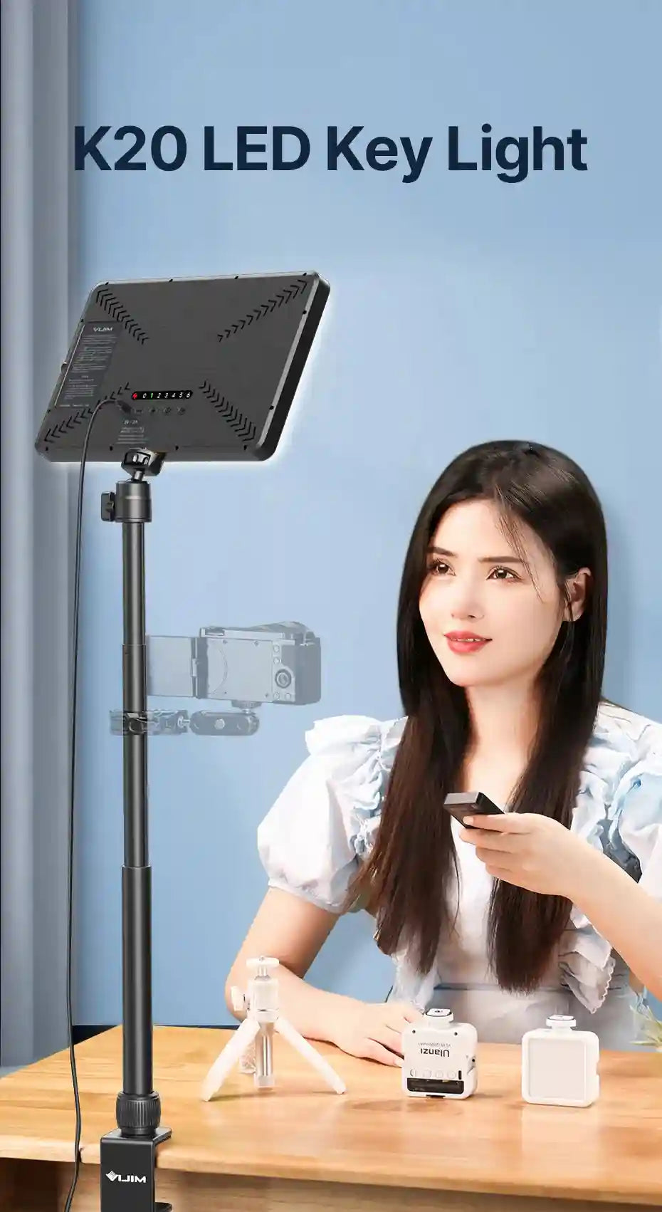 K20 LED light panel on an adjustable desk-mount stand for streaming and video lighting.