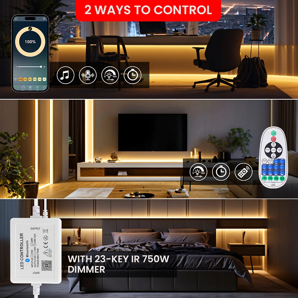 220V Dimmable COB LED Strip Light WIFI Bluetooth Wall Touch 23key Remote Control Power Kit 288LEDs/M Waterproof Flexible Lamp