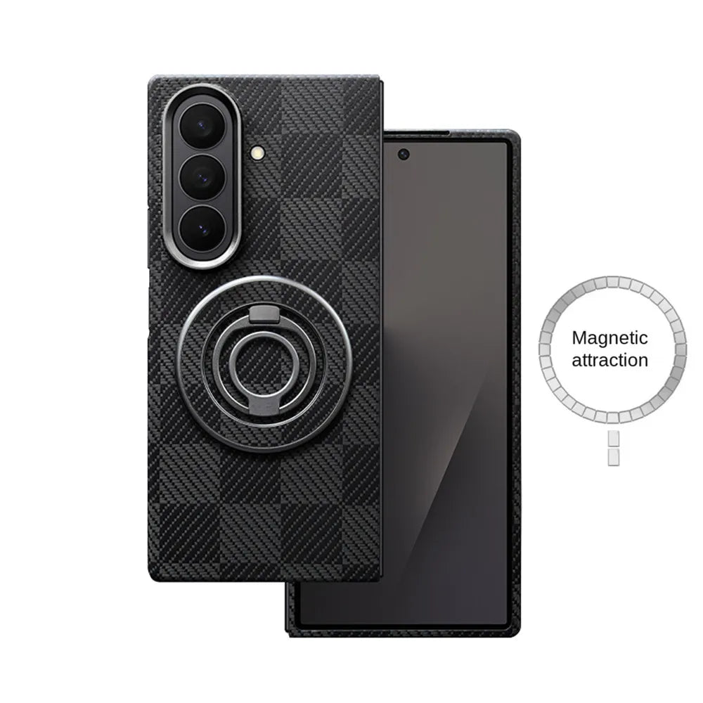 Black checkered phone case for Galaxy S24 Ultra with a built-in circular magnetic ring stand.
