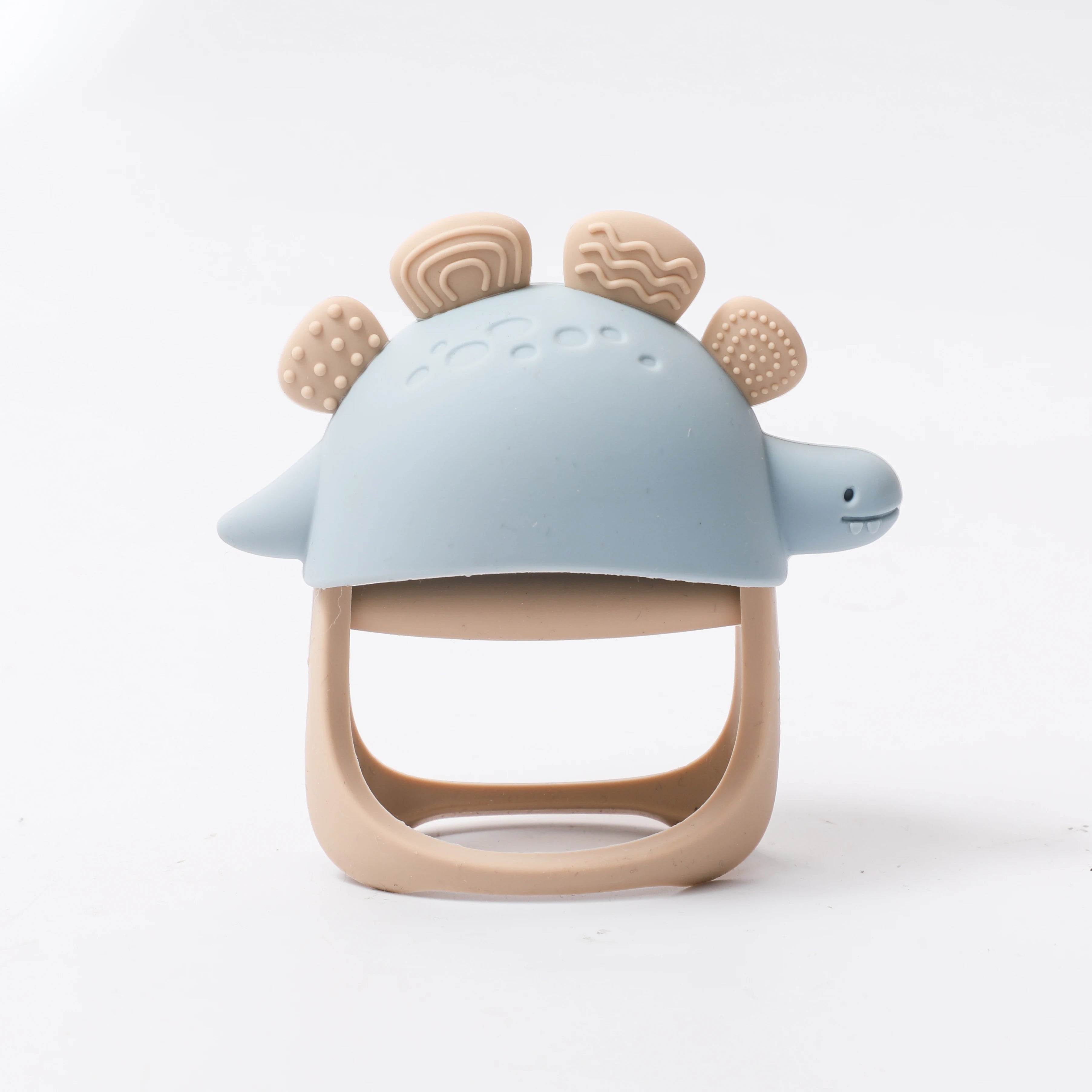 Blue and beige dinosaur silicone teething toy for baby pain relief.