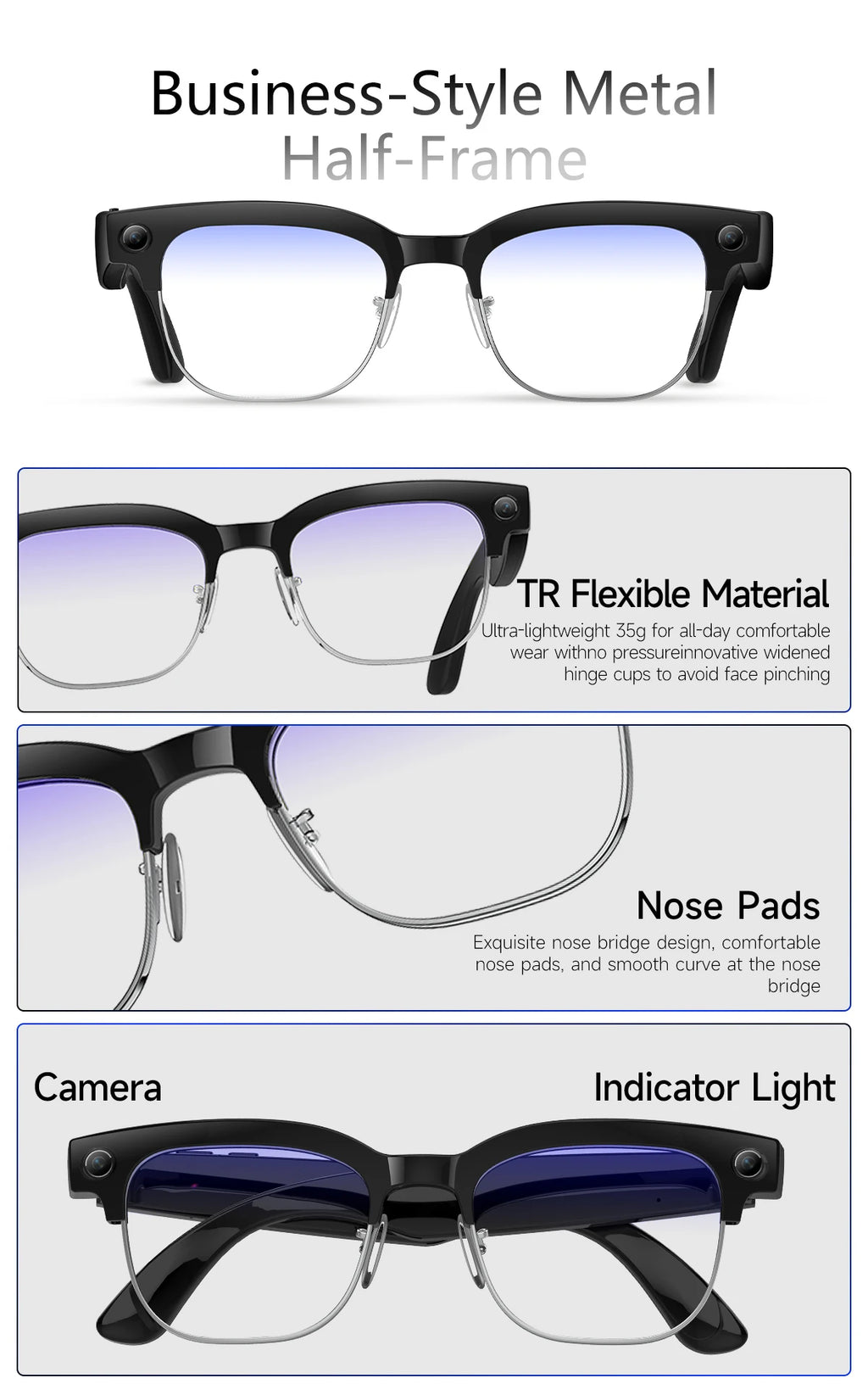 AI Smart Glasses with 4K Camera, Bluetooth, and Spatial Audio - Tidesmit Tidesmit