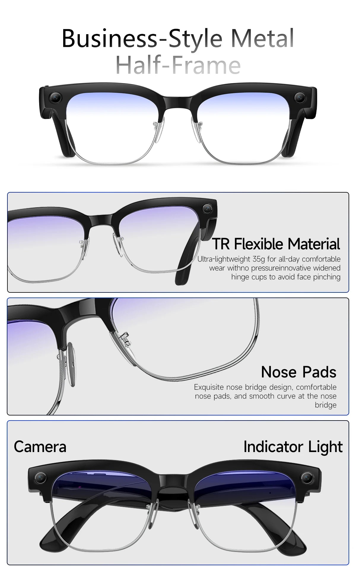 AI Smart Glasses with 4K Camera, Bluetooth, and Spatial Audio - Tidesmit Tidesmit