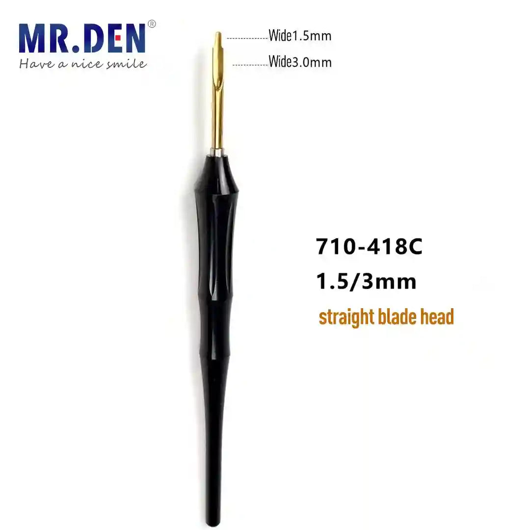 Dental microbrush with a gold-colored straight blade head and a black ergonomic handle for precise dental applications.