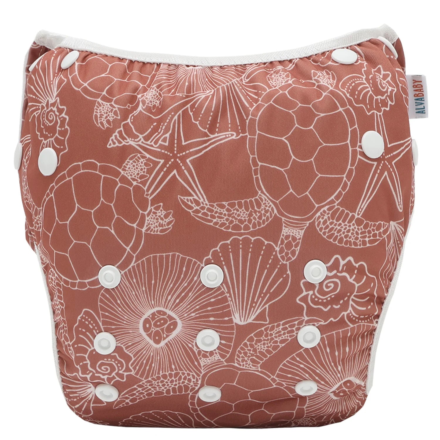 AlvaBaby one-size reusable cloth diaper in dusty rose sea turtle and shell print for baby care.