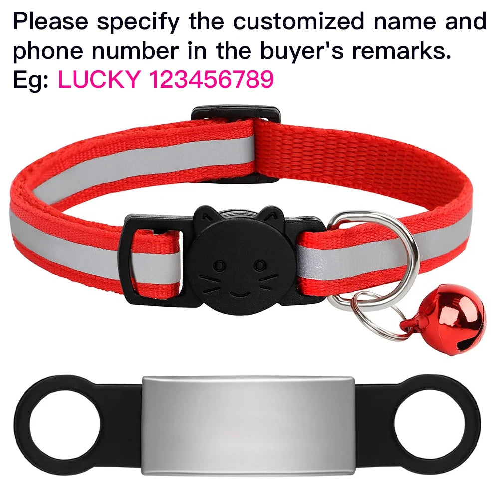 Customized red reflective cat collar with bell and engraved ID nameplate for anti-lost safety for kittens and puppies.