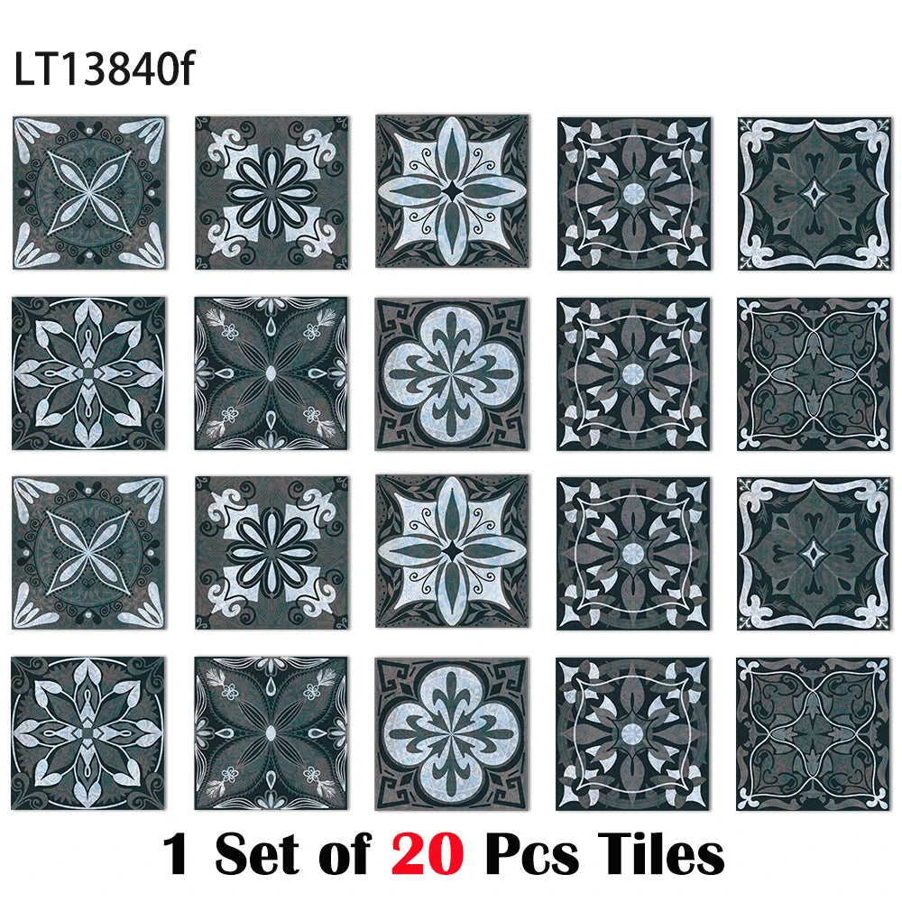 Glossy boho tile stickers set of 20, dark green with silver floral medallion patterns