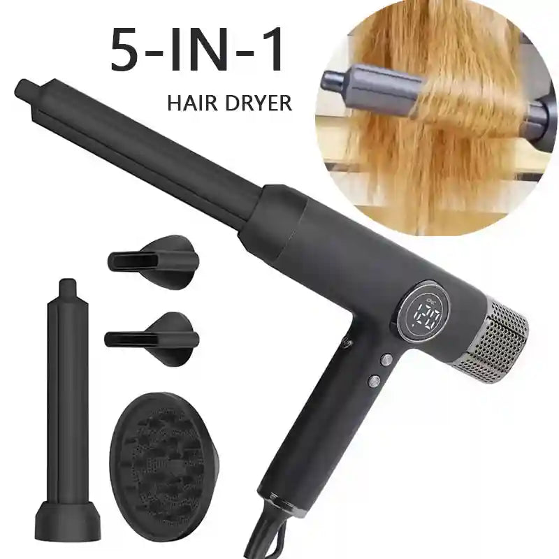 Black 5-in-1 high-speed ionic hair dryer with digital display, styling attachments, and professional brushless motor.
