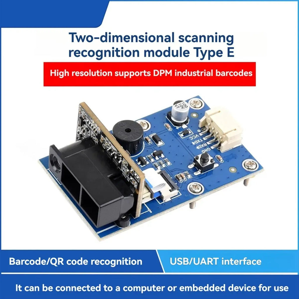 2D barcode scanner module PCB with camera, light source, and USB/UART ports