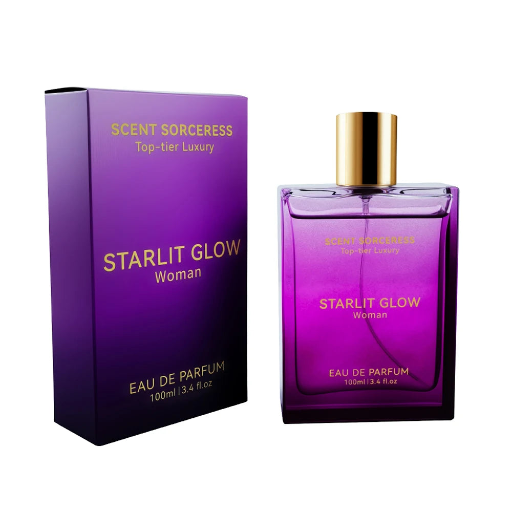 Scent Sorceress Starlit Glow: Luxury 100ml EDP spray for women in a sleek purple square glass bottle. Floral fragrance.