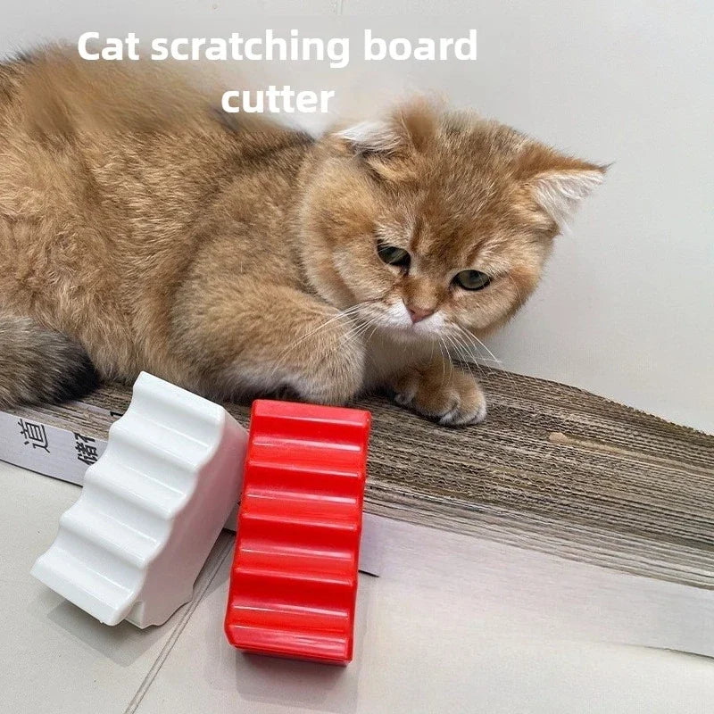 3-in-1 portable cat scratching board cutter tool for DIY cardboard recycling with red and white blade handles.
