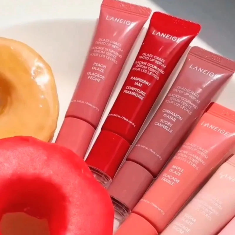 Laneige Glazey Lip Serum collection in various shades with a glossy, plumping, moisturizing, and donut-inspired theme.