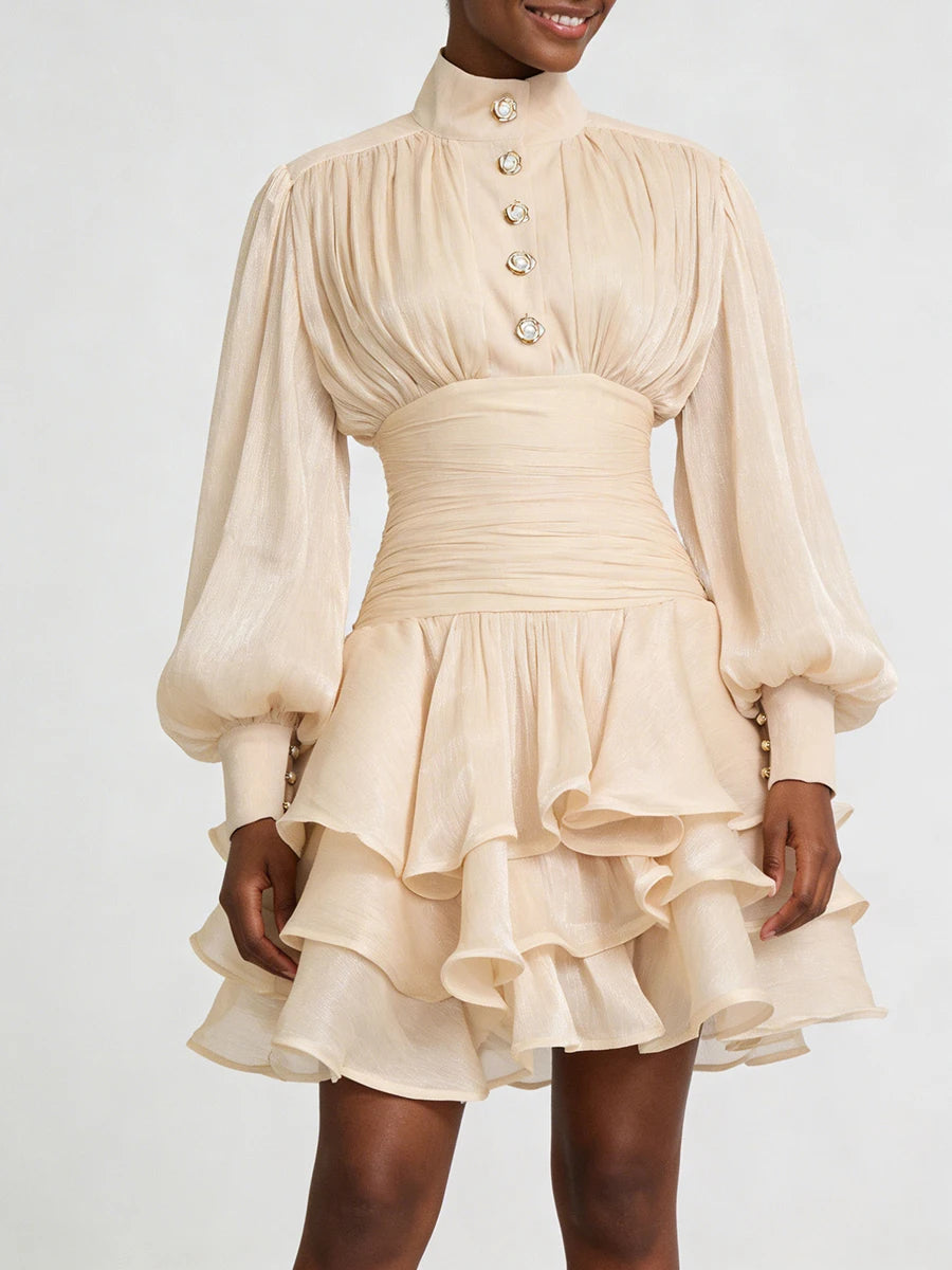VGH Beach Style Solid Casual Short Dresses For Women Stand Collar Long Sleeve High Waist Spliced Button Chic Dress Female New
