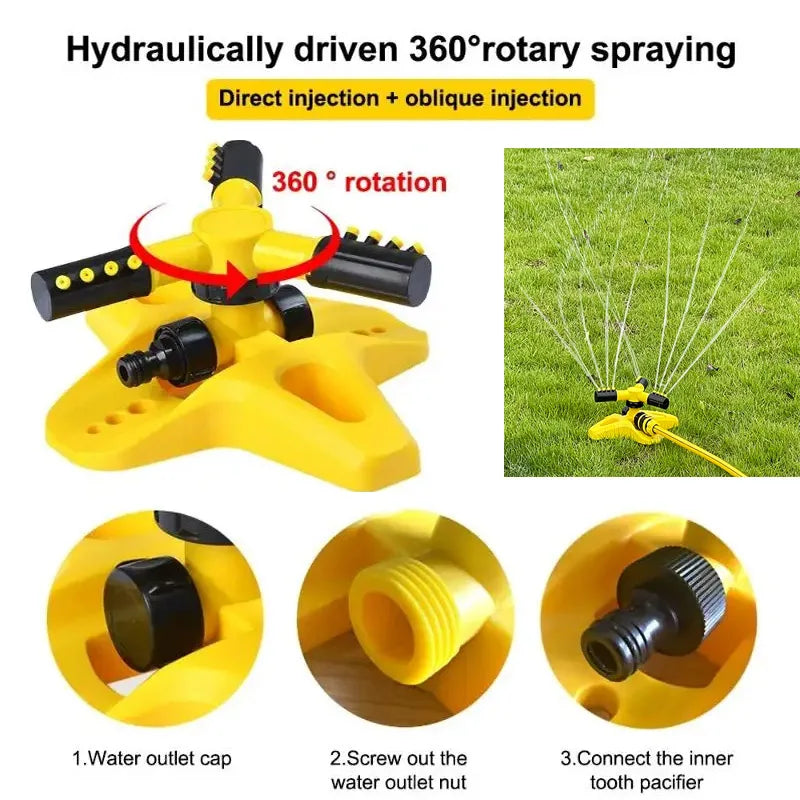 Yellow 360 rotary garden sprinkler head with three black spray arms and outlet cap