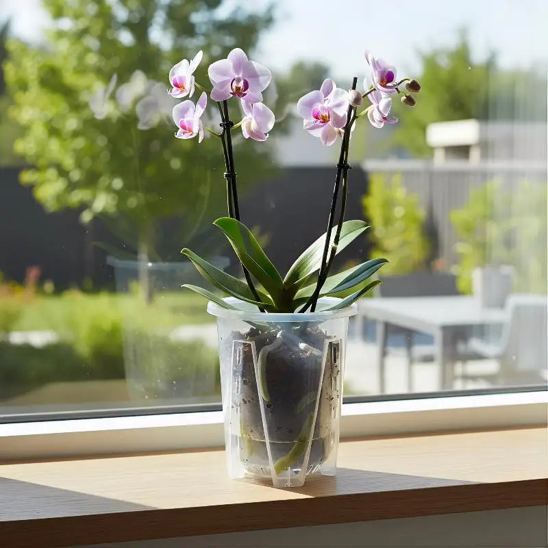 Transparent self-watering planter pot holding orchid plants