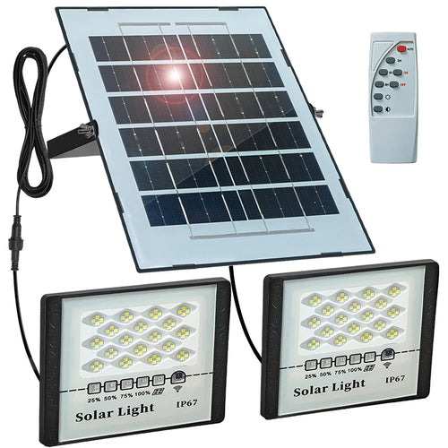 Solar panel and two IP67 LED floodlights with remote control and power cable kit