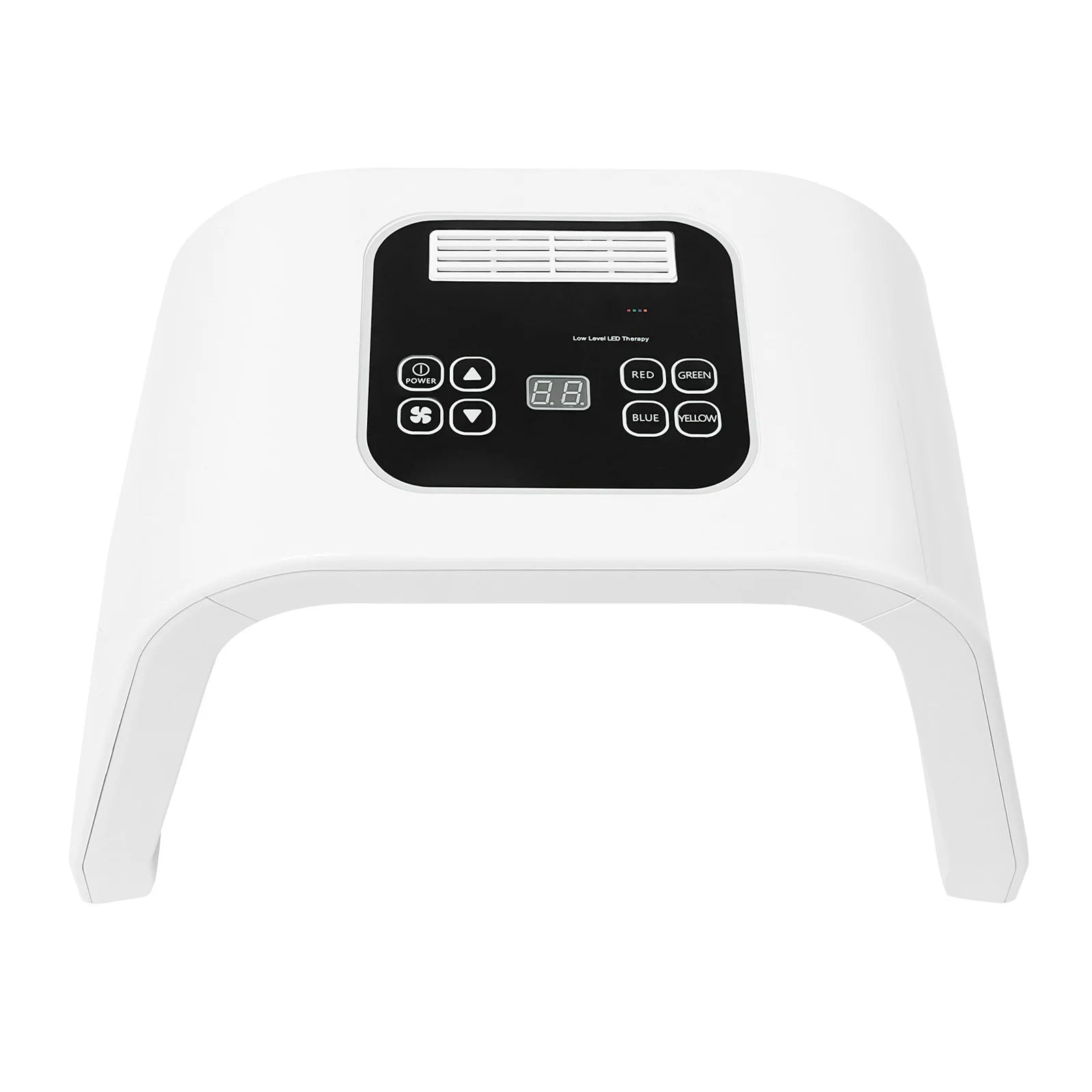 White arched LED facial therapy light machine with a black control panel featuring digital display and color buttons.