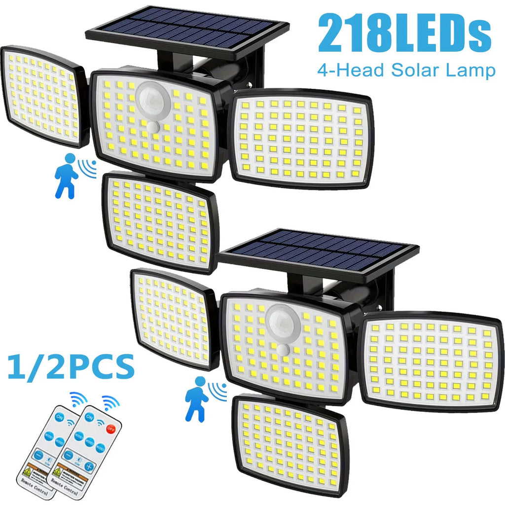 1/2PCS Solar Lights Outdoor with Remote, 4-Head Solar Flood Lamp, IP65 Waterproof Security Street Lights, 3 Modes for Garden