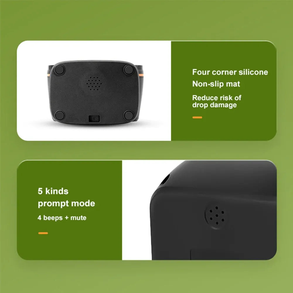 Desktop barcode scanner with non-slip silicone mat and speaker grille on rear