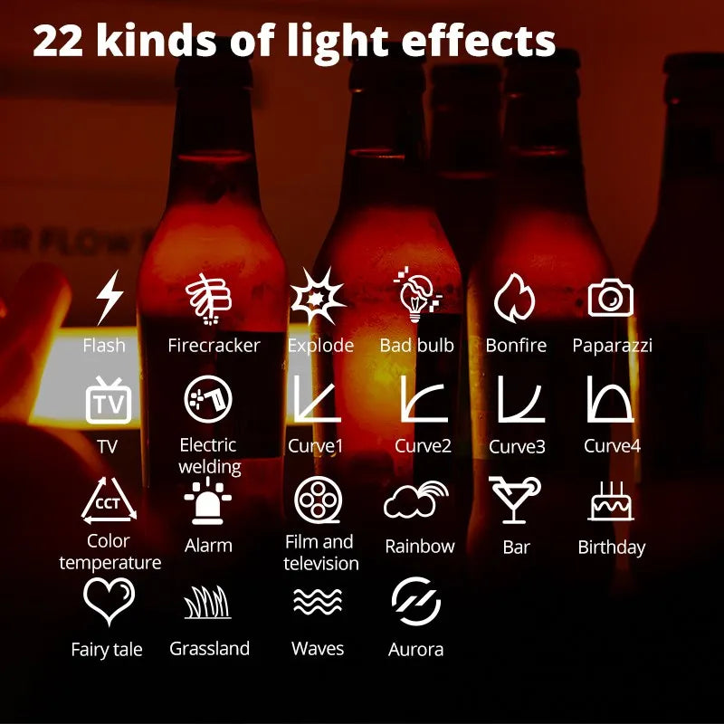 LED light panel interface displaying 22 selectable lighting effects for photography and video production.