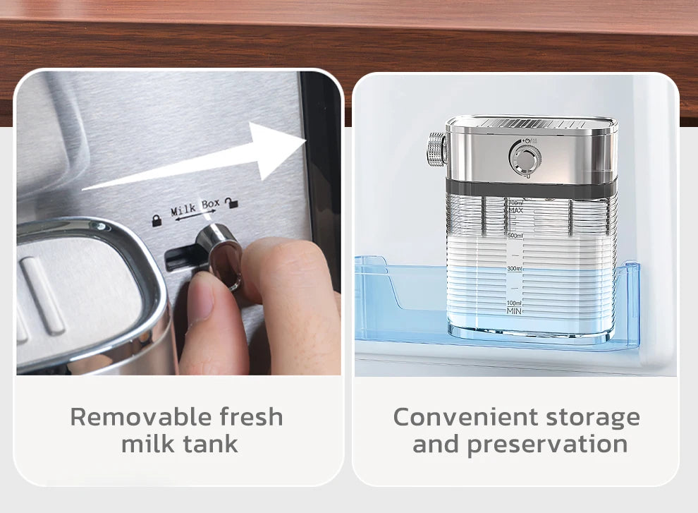 Stainless steel espresso machine removable 700ml clear milk tank with adjustment knob for fresh milk storage.