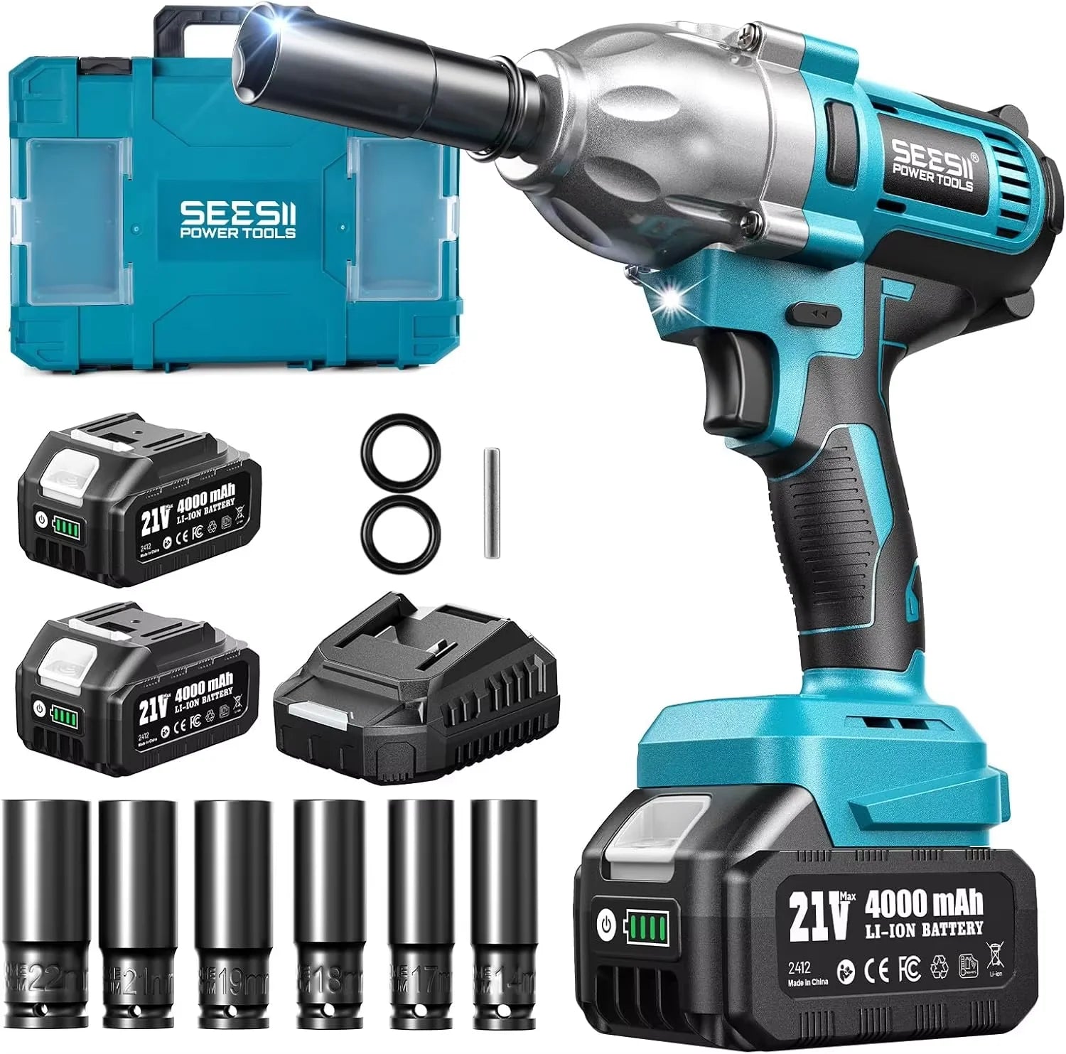 SeeSii 900Nm 1000Nm 1300Nm Cordless Impact Wrench Brushless Electric Impact Gun Kit Battery Powered Tool For Car Tire Repair with 2*4.0Ah Batteries Case LED Light For Makita