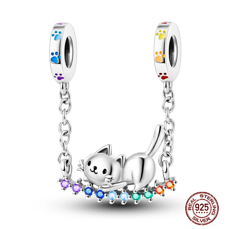 925 sterling silver cat pendant charm with colorful paw print beads for DIY pet jewelry bracelets.