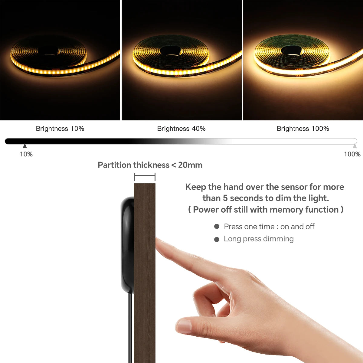 Touch Dimmer COB LED Strip Light, No Hole Install, Penetrate Wood/Glass Control, 12V Warm/Neutral White, for Acoustic Wall Panel