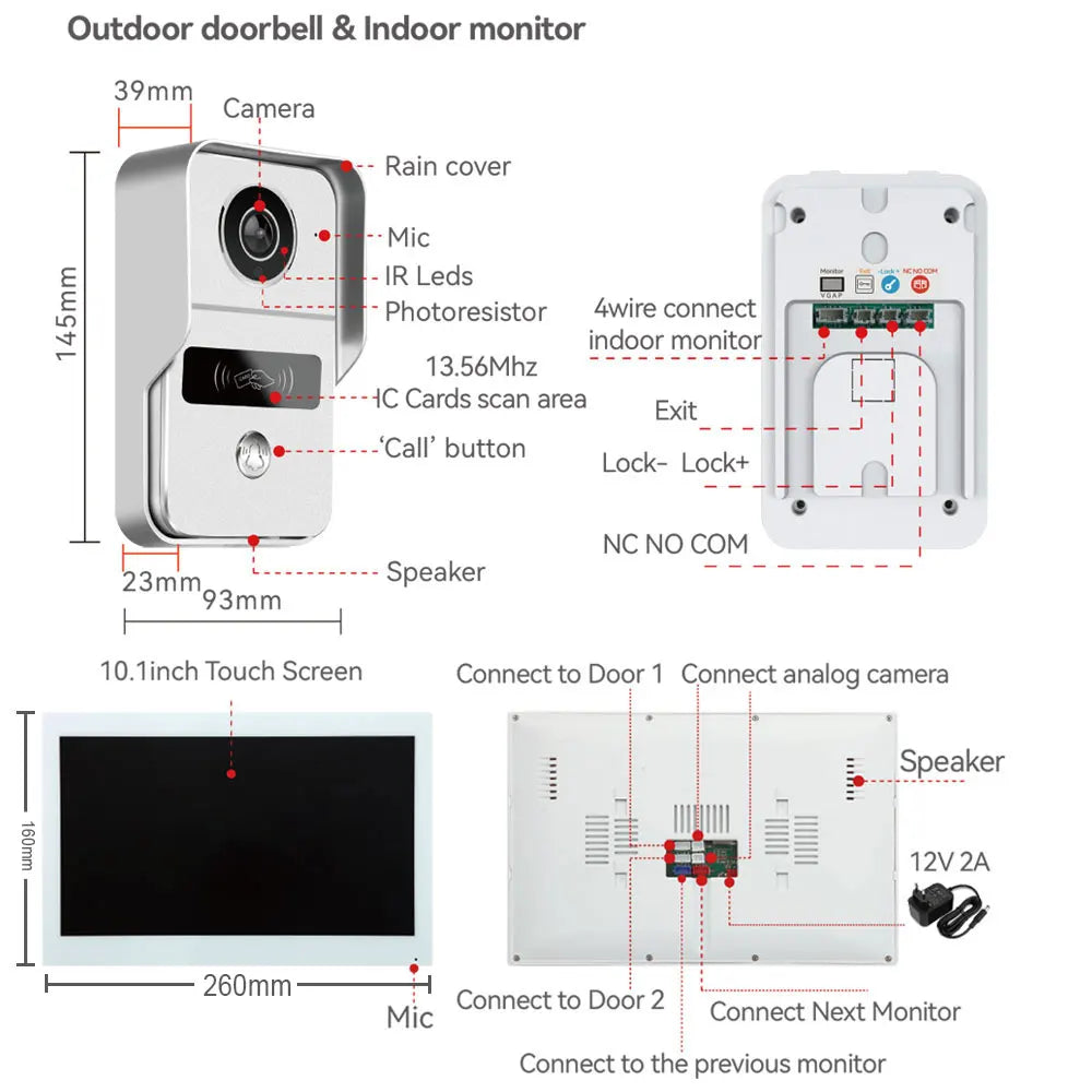 New 4-Wire TUYA Smart Video intercom doorbell Wired 1080P Waterproof Camera 5G WIFI 7/10inch IPS Touch Screen Support IP CCTV