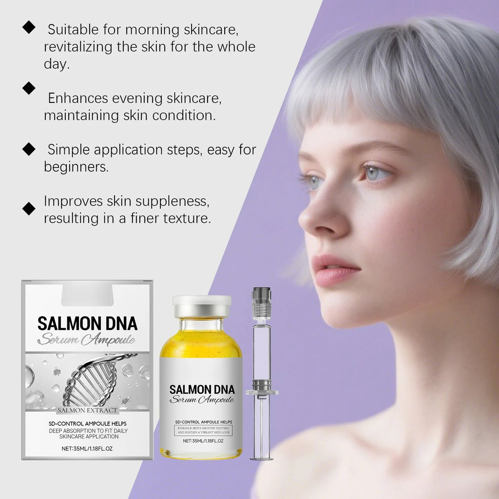 Salmon DNA Serum Ampoule: Anti-aging skincare with collagen peptide complex in a clear glass bottle for youthful skin.